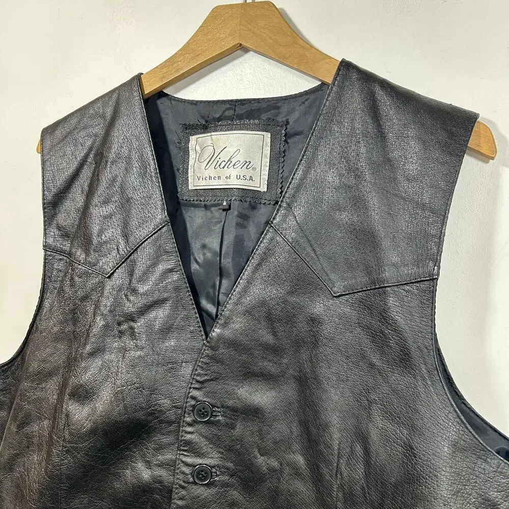 Vintage Vichen Of USA Black 100% Leather Men’s Vest Size L Western Yoke Biker
